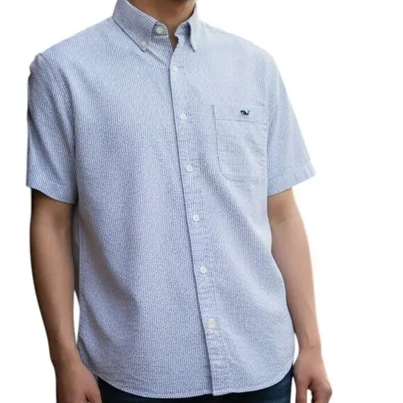 Vineyard Vines Seersucker Shirt Men S Short Sleeves Stretch Blue Striped Whale - Picture 1 of 13